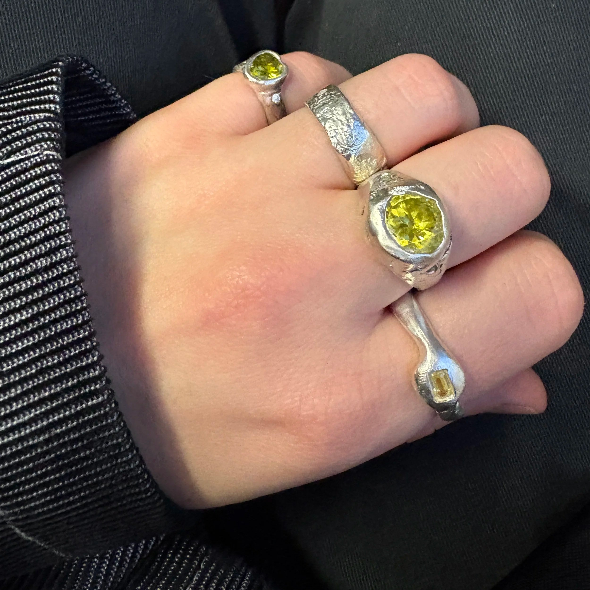 PINKY $160, TEXTURED BAND $170, LARGE STONE $200, THIN POINTER $160