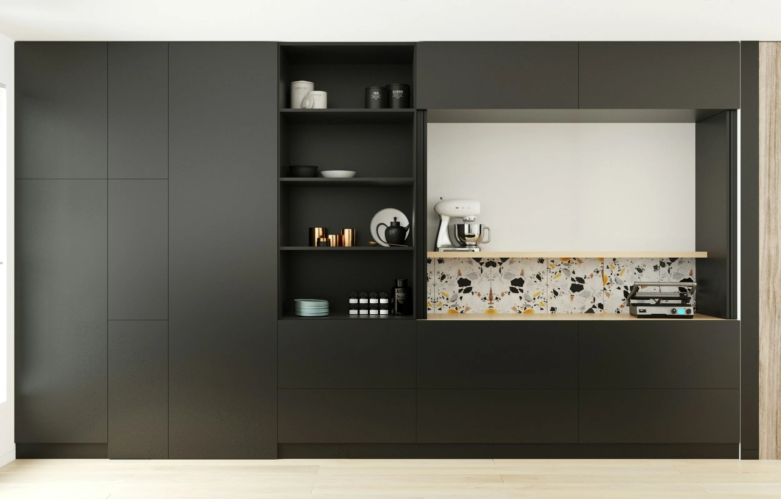 Modern black kitchen cabinetry with open shelves, a countertop with a white stand mixer, and a patterned backsplash.
