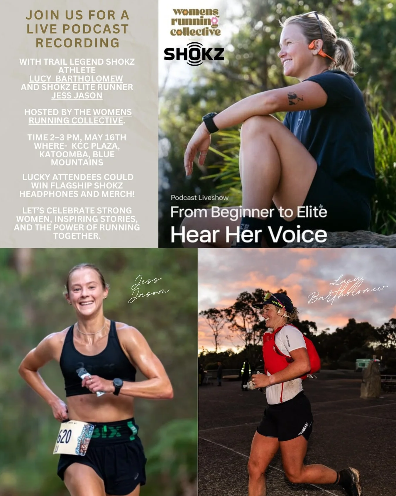 🎙 First Ever Shokz’s Girl Talk — LIVE from UTA!
From Beginner to Elite, Hear Her Voice 
Join us for a powerful  podcast recording with trail legend Shokz Athlete @lucy_bartholomew and Shokz Elite Runner @jessjason, hoste