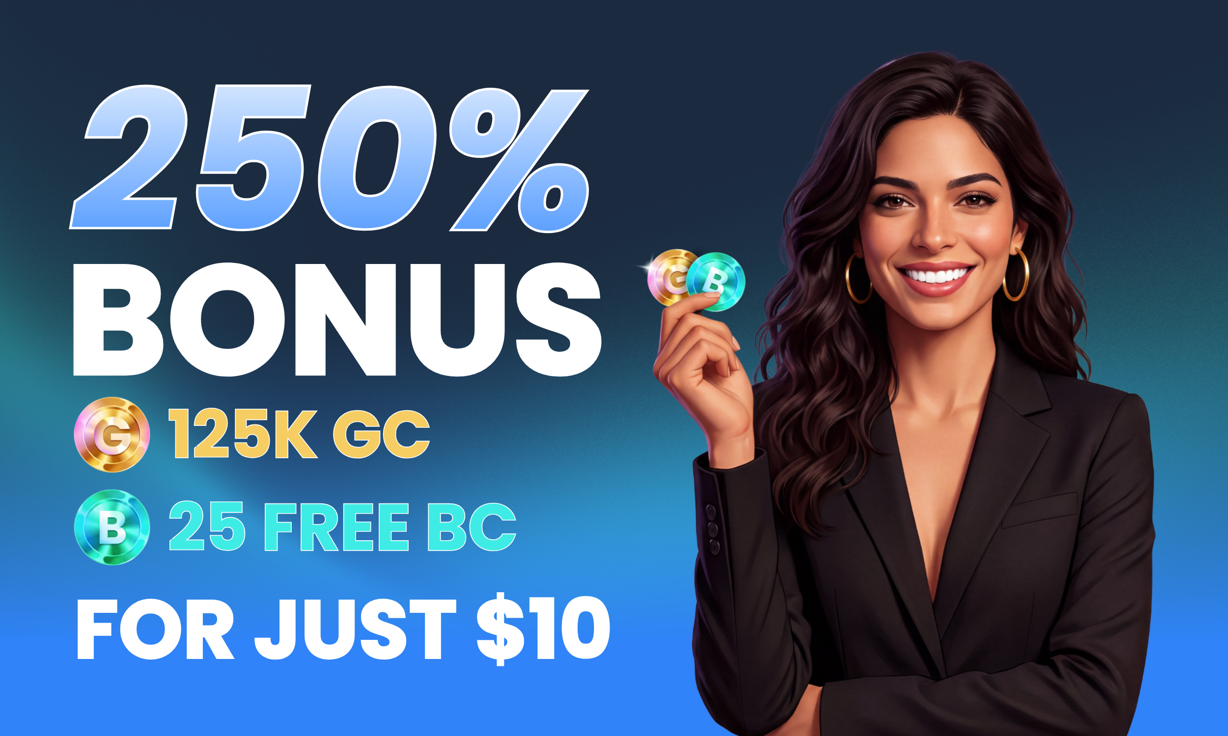 A promotional digital graphic featuring a smiling woman with long dark wavy hair, wearing a black blazer. The graphic highlights a 25% bonus offer with large blue text, includes icons for Green Coins and Blue Coins with respective amounts of 125K GC and 25 free BC, and mentions a reward for just $10.