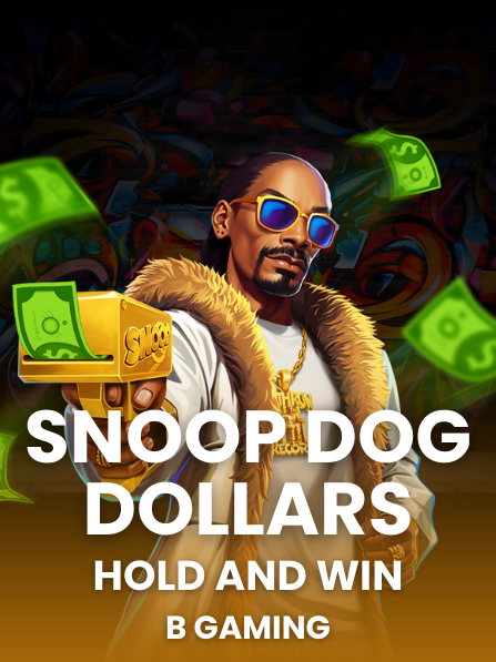 Illustration of a man with sunglasses and gold jewelry holding a gold firearm that says "SNOOP" on it, with dollar bills floating around, promoting a game called 'Snoop Dog Dollars: Hold and Win' by B Gaming.