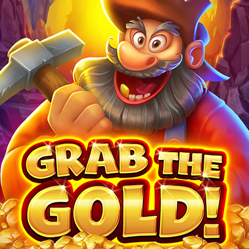 Cartoon miner with a mustache and beard, wearing a brown hat, holding a pickaxe, surrounded by gold and rocks, with the text 'Grab the Gold!' in bold, yellow and red letters.