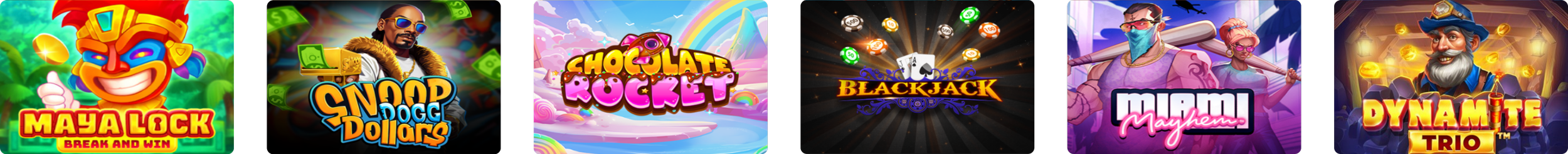 Collection of six online casino game icons, including Mayalock, Snoop Dogg Dollars, Chocolate Rocket, Blackjack, Miami Mayhem, and Dynamite.