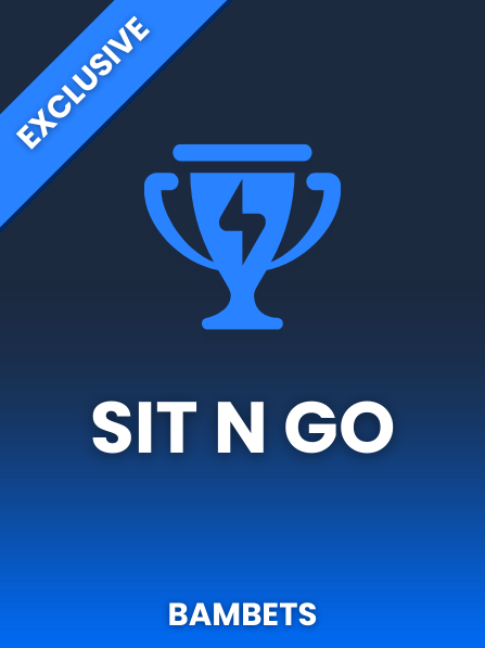 Design of a trophy with a lightning bolt, the words 'SIT N GO' below it, and a blue banner with 'EXCLUSIVE' in the top left corner, all on a dark blue background.