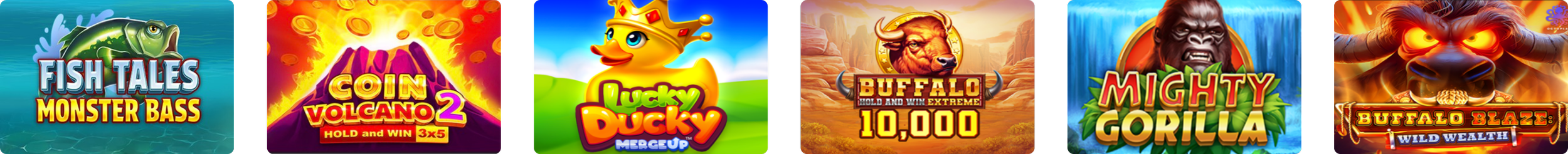 A row of six colorful game icons, each featuring different themes and designs, including fish, volcano, duck, buffalo, gorilla, and fiery buffalo.