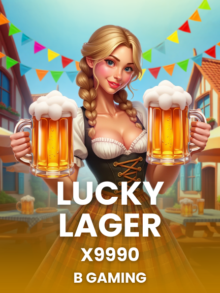 A young woman in a traditional Bavarian dress holding two large mugs of beer at a festive outdoor event with colorful bunting and buildings in the background.