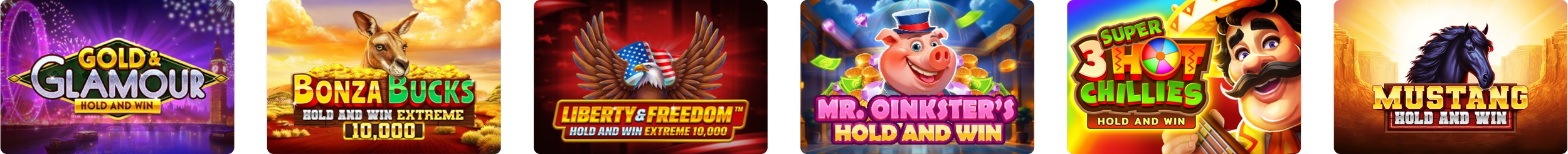 A row of six colorful slot game logos including Gold & Glamour, Bonza Bucks, Liberty & Freedom, Mr. Oinkster's, 3 Chillies, and Mustang, each with vibrant backgrounds and themed graphics.