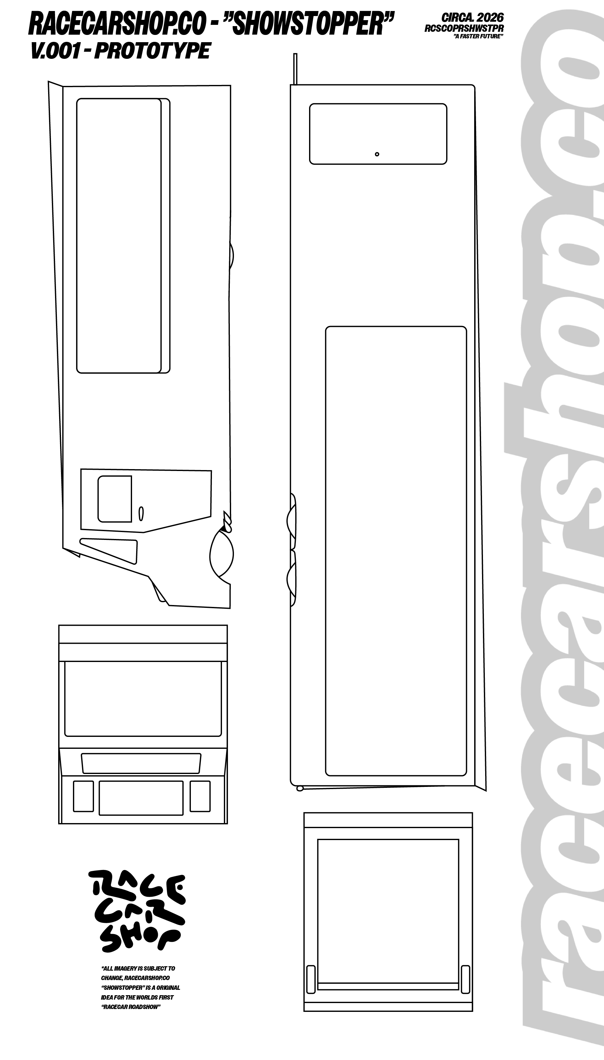 Line drawing of a prototype race car showstopper with various views and labeled parts, including front, side, and top views, with text indicating it is from racecarshop.co.