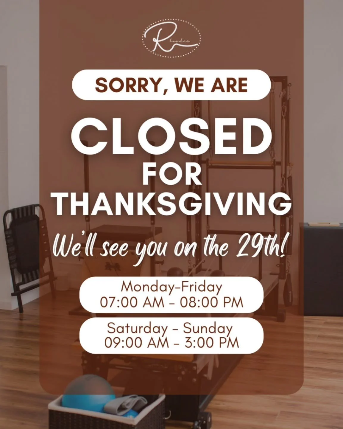 Closed for the Thanksgiving Holiday 🍂 We&rsquo;ll be reopening on Nov 29 and flowing back into our regular weekend hours. Wishing you a restful, nourishing holiday filled with gratitude and good energy 🤍

 #RhoadesToWellness #ThanksgivingBreak #Wel