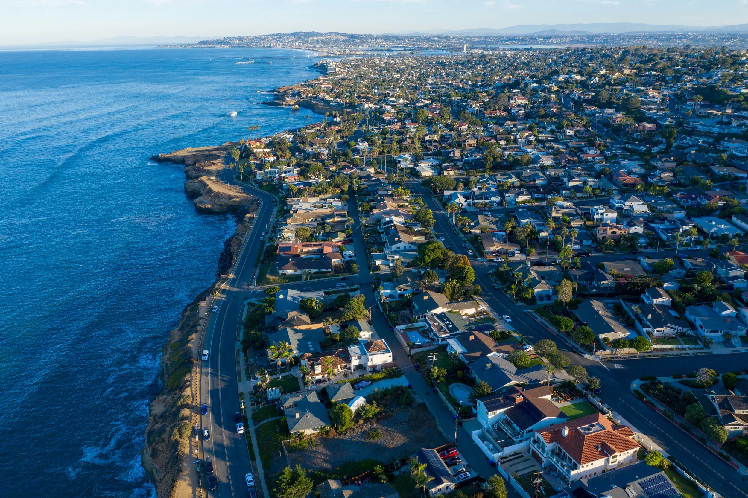 Aerial view of a coastal residential neighborhood with houses, streets, and trees along the shoreline with the ocean on the left and a cityscape in the distance.