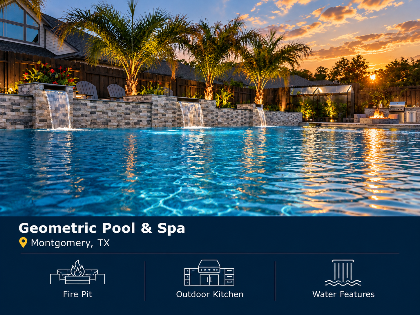Geometric pool and spa in Montgomery, TX featuring a fire pit, outdoor kitchen and water features.