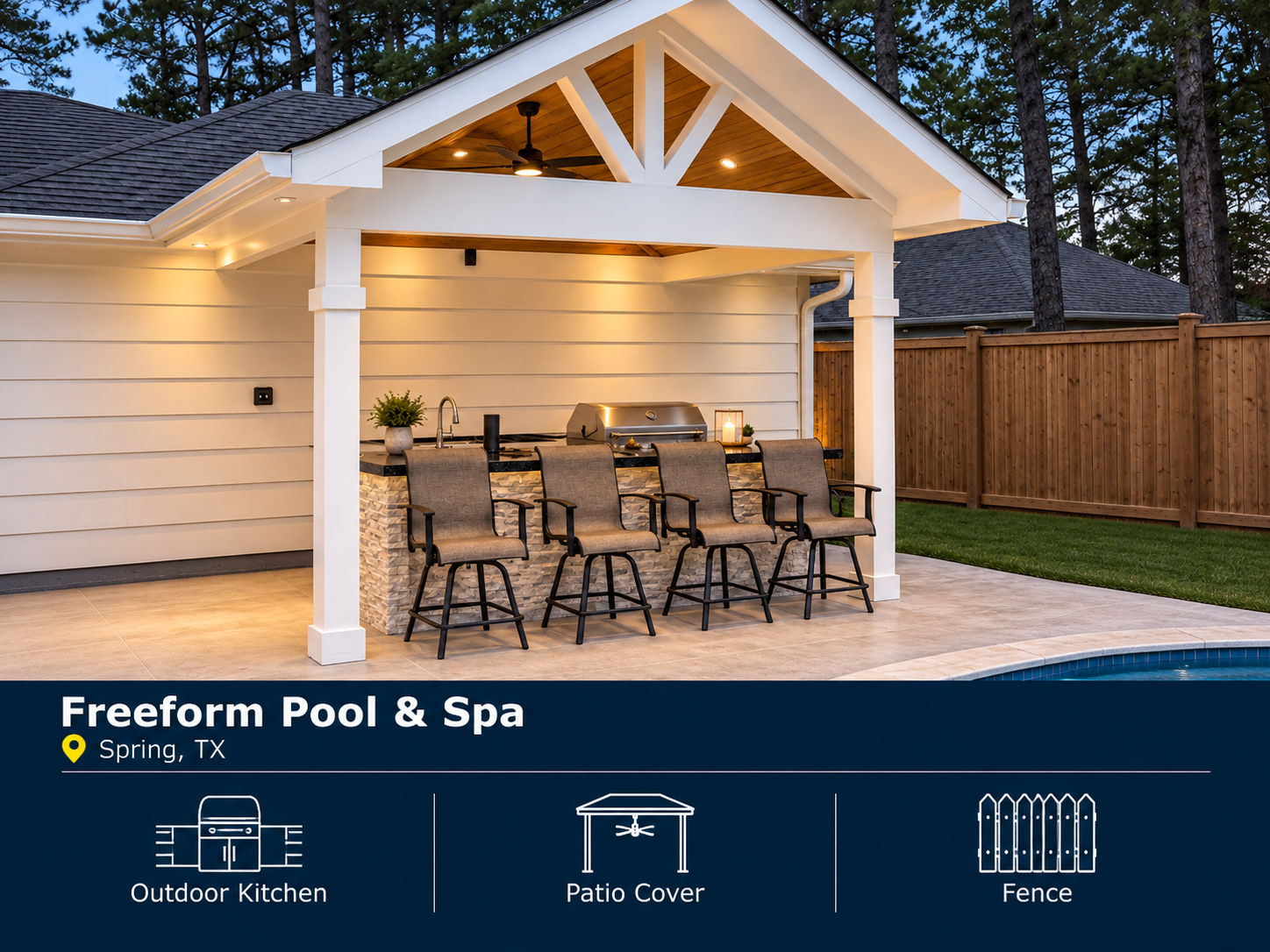Custom freeform pool and spa in Spring, TX featuring an outdoor kitchen, patio cover and privacy fence.