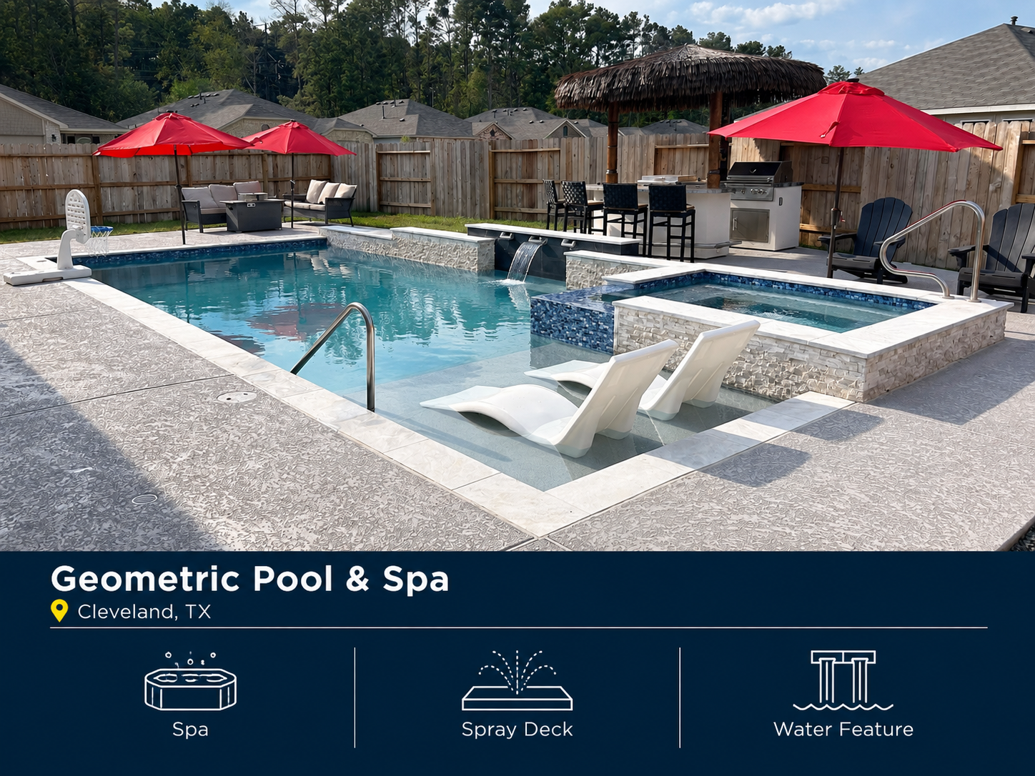 Geometric pool and spa in Cleveland, TX featuring a raised spa, spray deck and custom water feature.