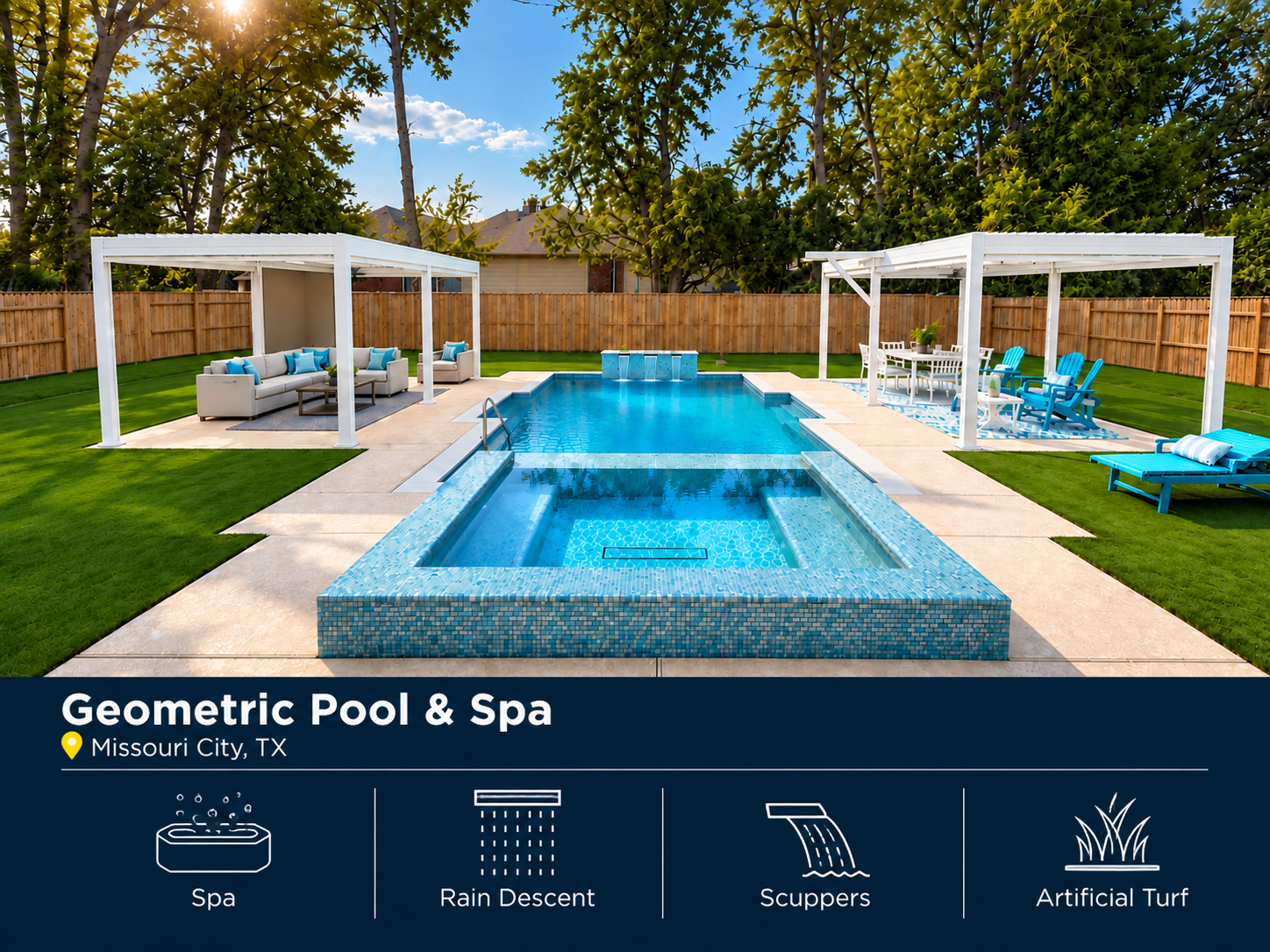Geometric pool and spa in Missouri City, TX featuring a spa, rain descent, scuppers and artificial turf.