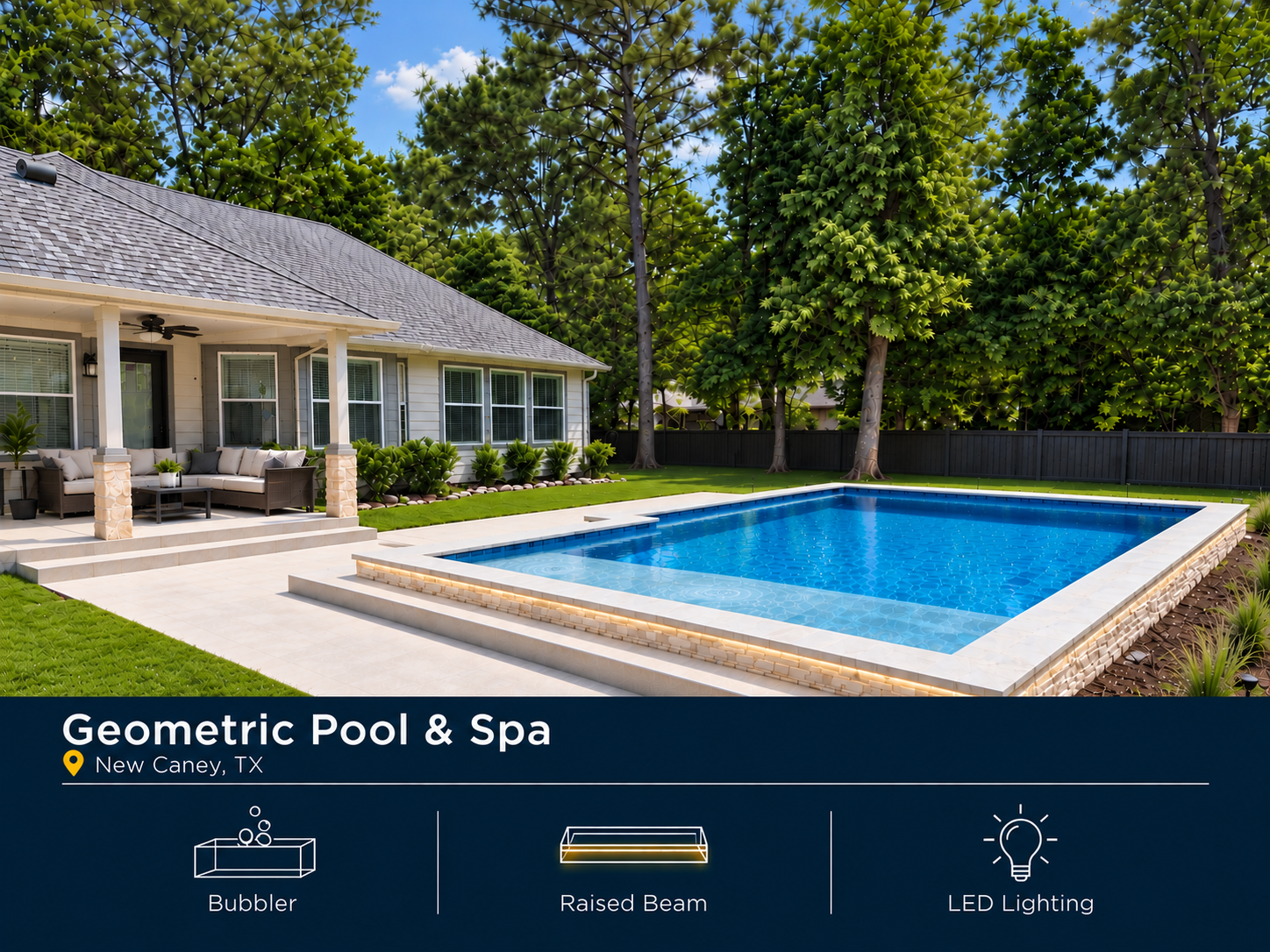 Geometric pool and spa in New Caney, TX featuring bubblers, a raised beam and LED pool lighting.