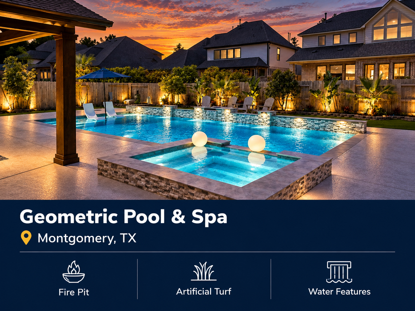Geometric pool and spa in Montgomery, TX featuring a fire pit, artificial turf and custom water features.