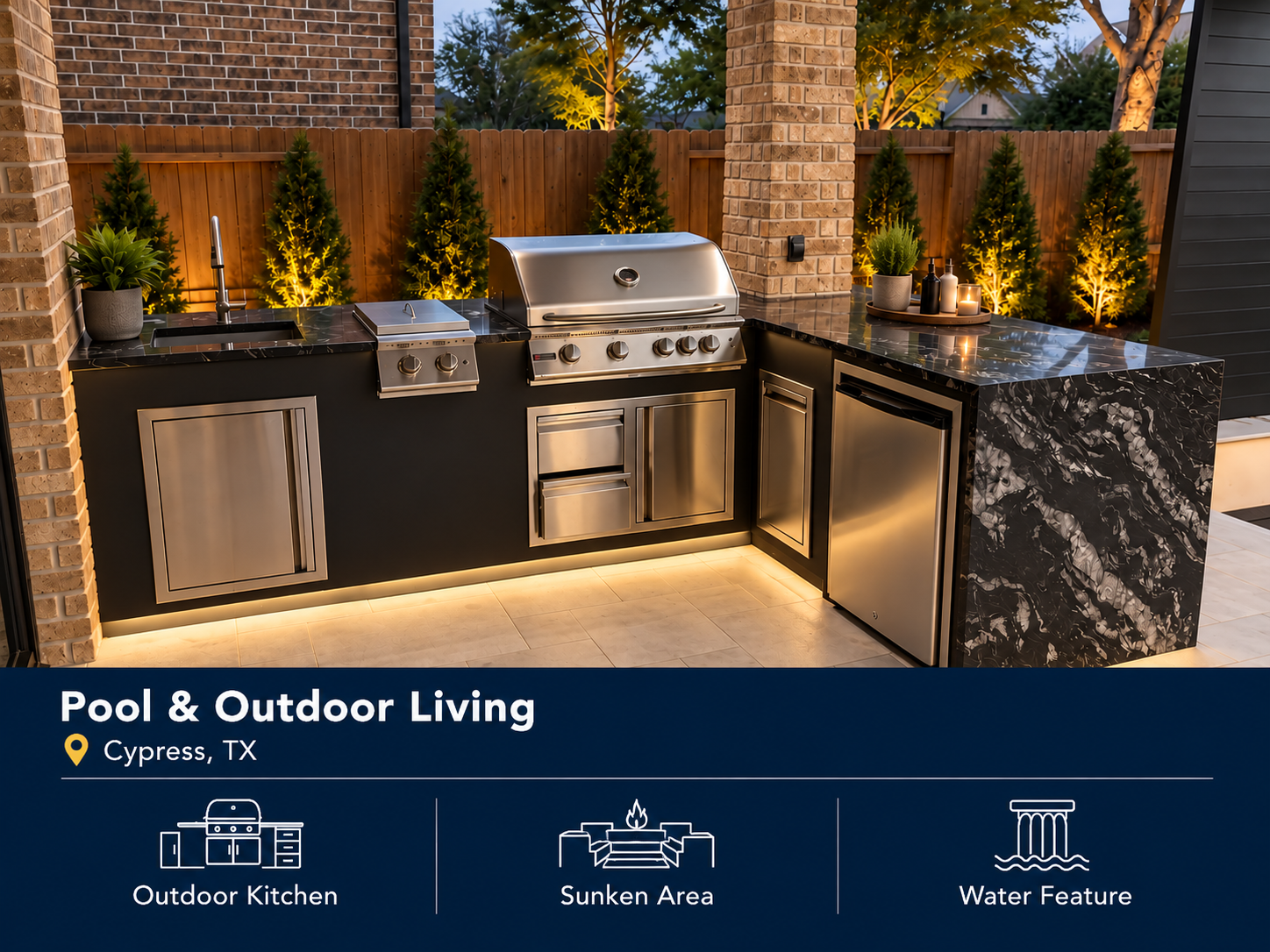 Custom pool and outdoor living project in Cypress, TX featuring an outdoor kitchen, sunken area and water feature.