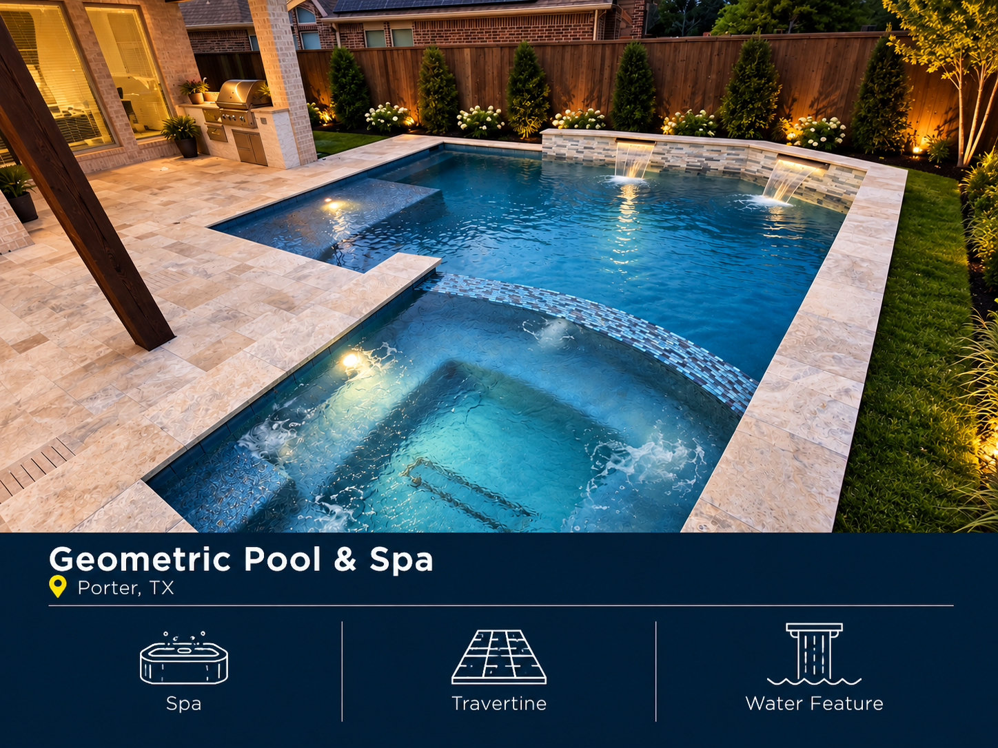 Geometric pool and spa in Porter, TX featuring an integrated spa, travertine decking and custom water feature.