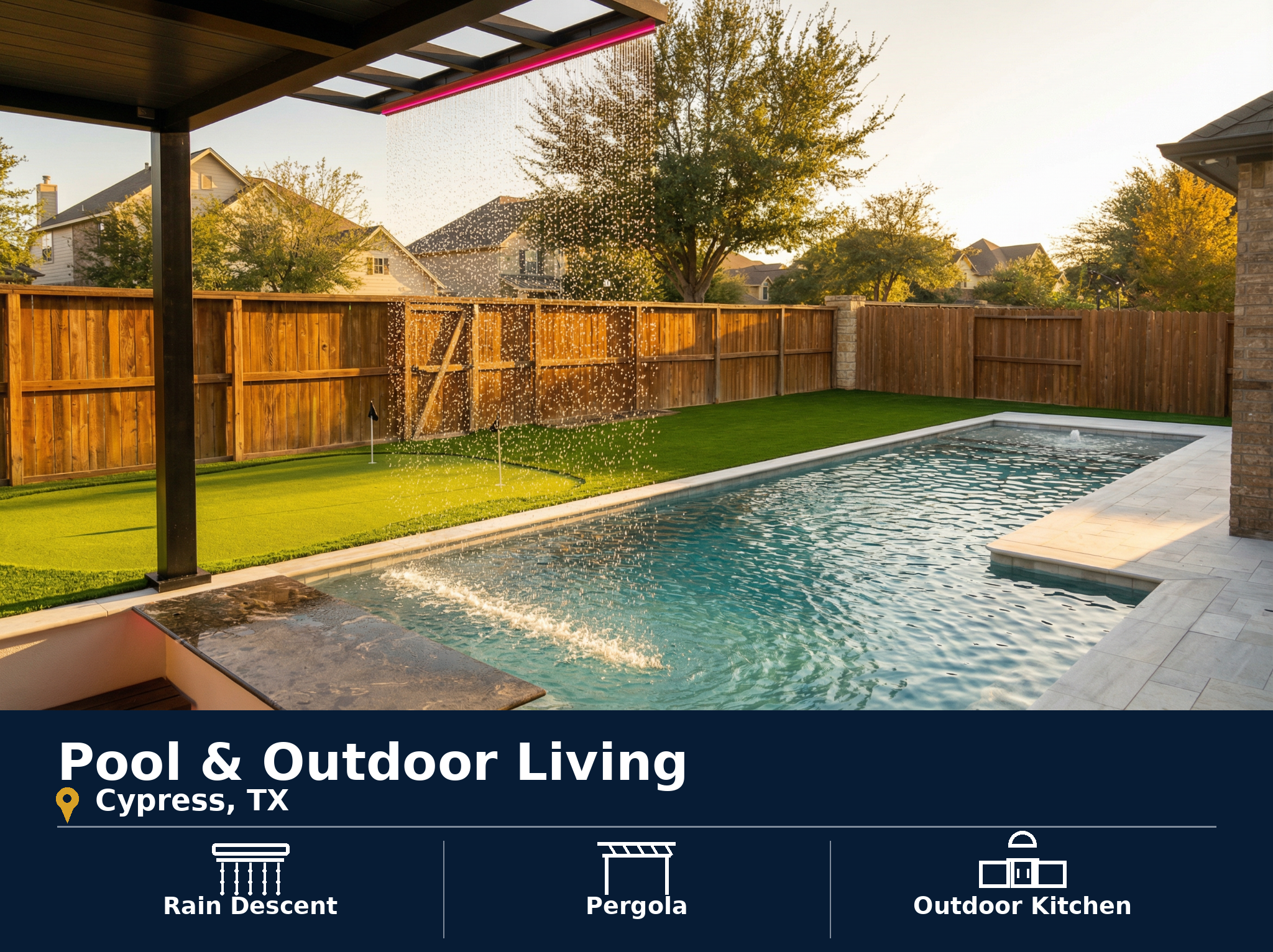 Custom pool and outdoor living project in Cypress, TX featuring a rain descent, pergola and outdoor kitchen.