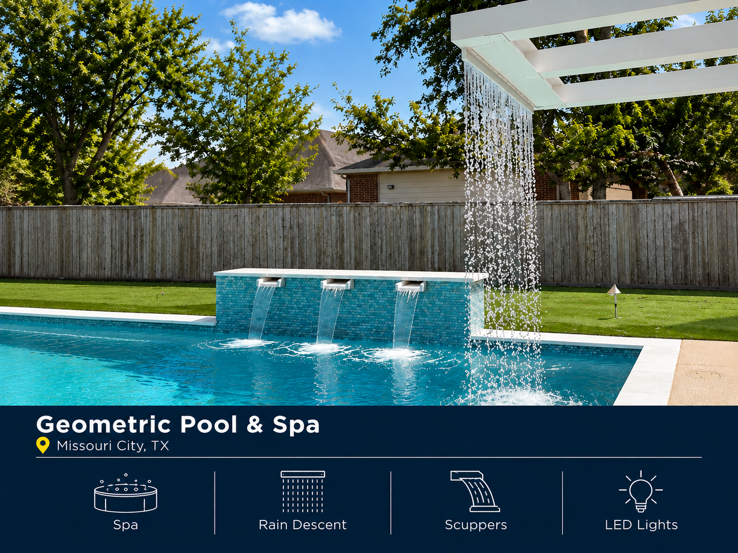 Geometric pool and spa in Missouri City, TX featuring a rain descent, scuppers and LED pool lighting.