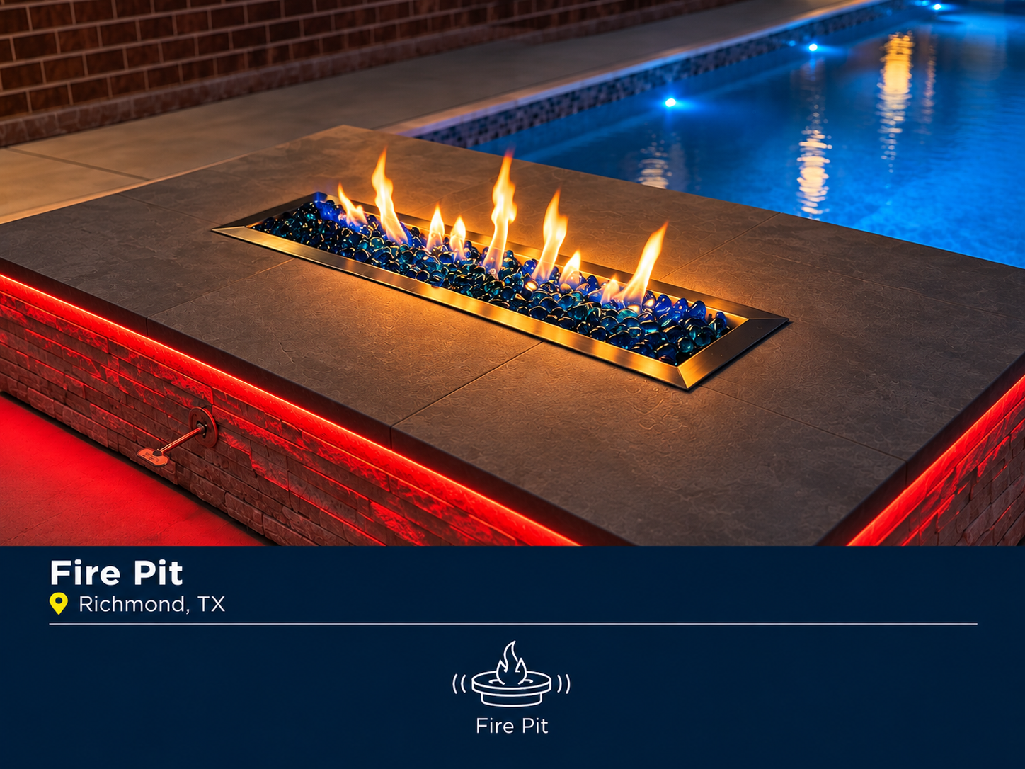 Geometric pool and spa in Richmond, TX featuring a custom water feature, raised spa and LED strip lighting.