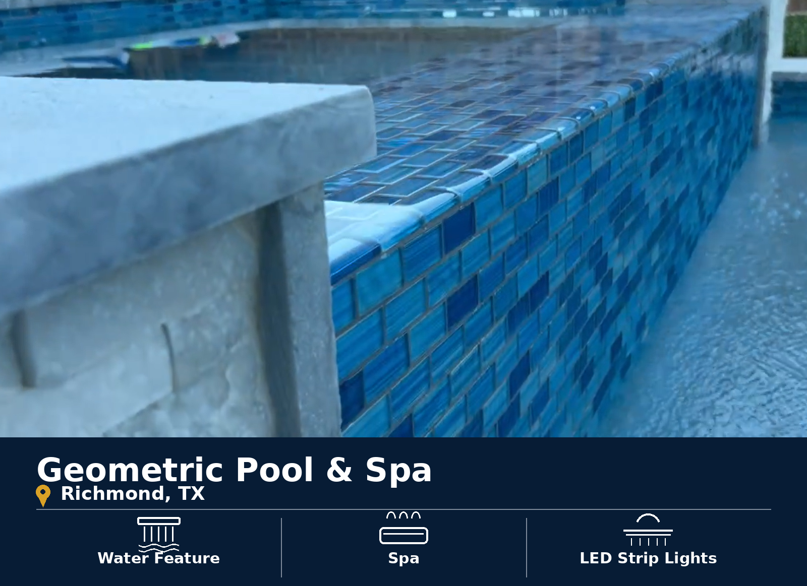 Custom pool and spa in Richmond, TX featuring a fire pit, raised spa and LED strip lighting.