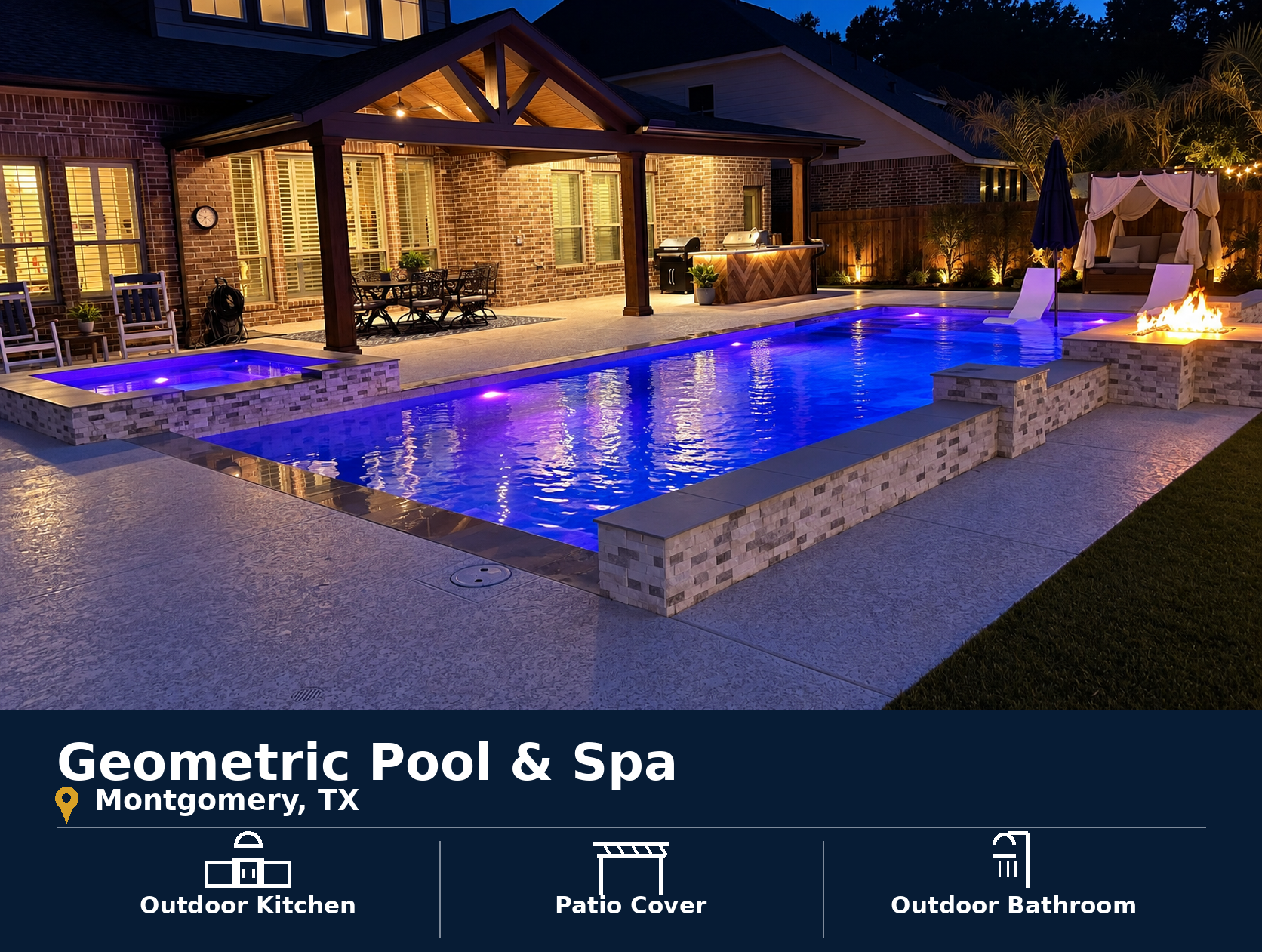 Custom pool and spa in Montgomery, TX with an outdoor kitchen, patio cover and outdoor bathroom.