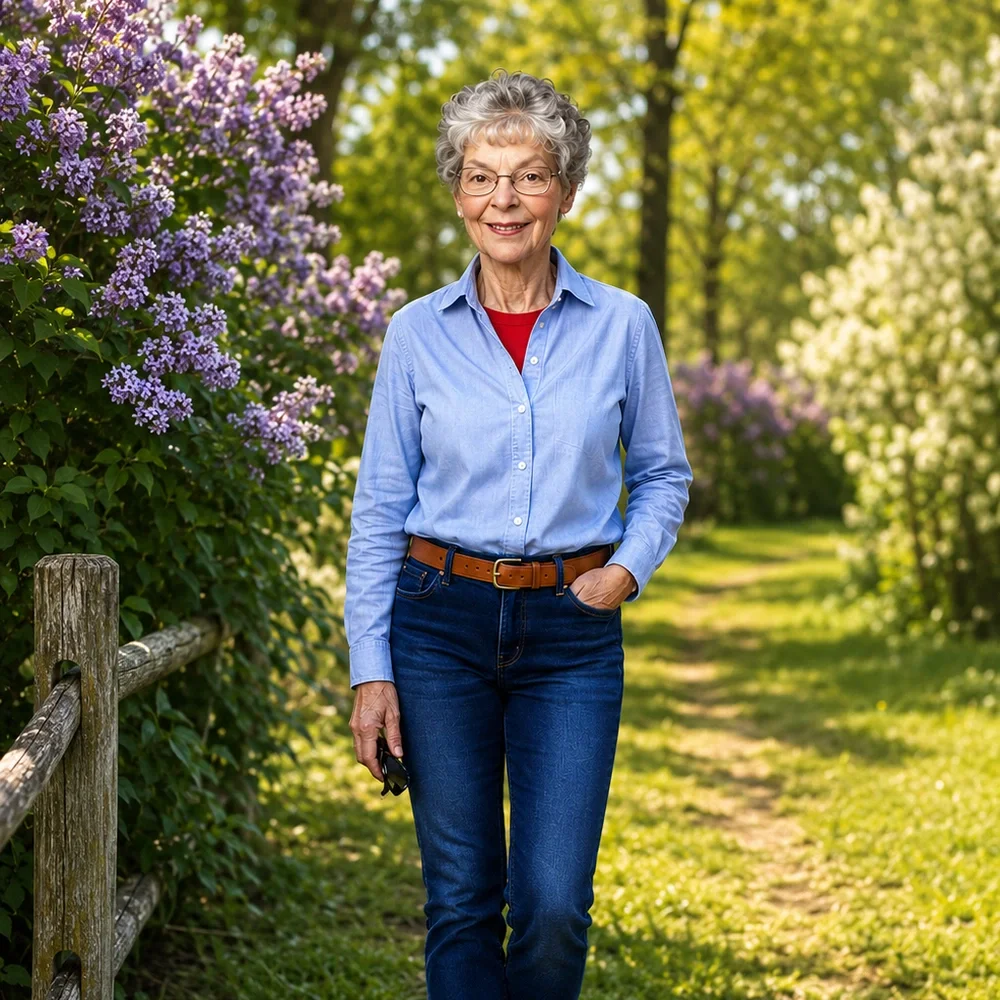 An elderly woman with gray hair and glasses walking outdoors on a sunny day, surrounded by green trees and blooming purple flowers, wearing a blue button-down shirt, red shirt underneath, jeans, and a brown belt.