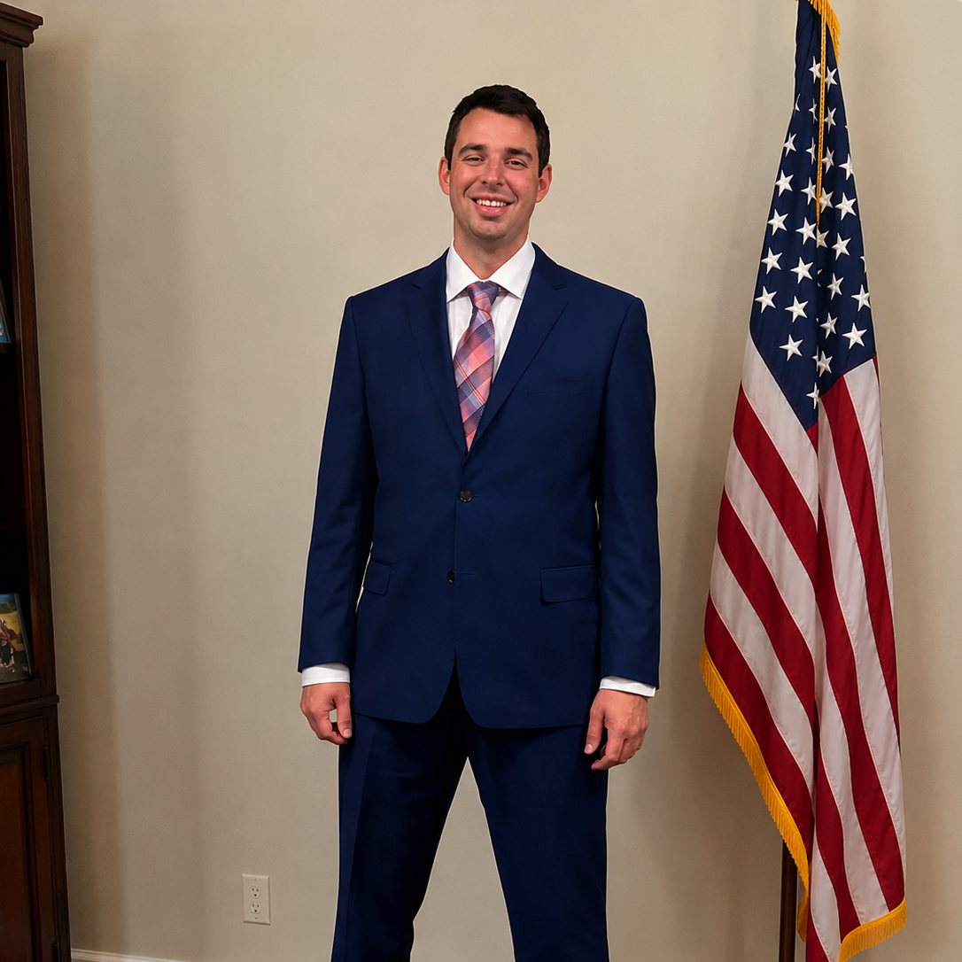 A man in a blue suit standing next to an American flag, smiling in an office setting.