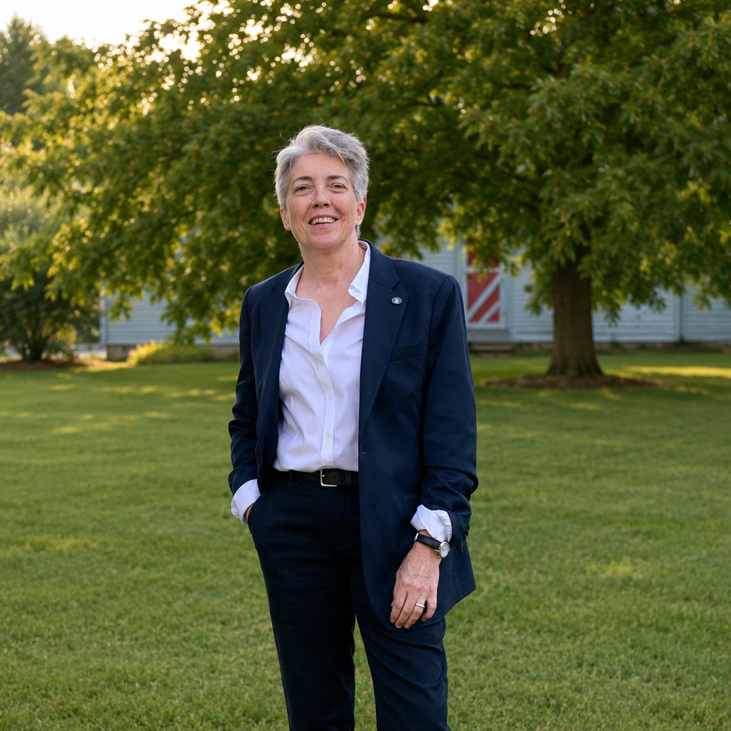 A woman with short gray hair standing outside on a grassy lawn, smiling, wearing a dark blue suit and white shirt, with hands in pockets, behind a large tree and a white building with a red and white striped door.