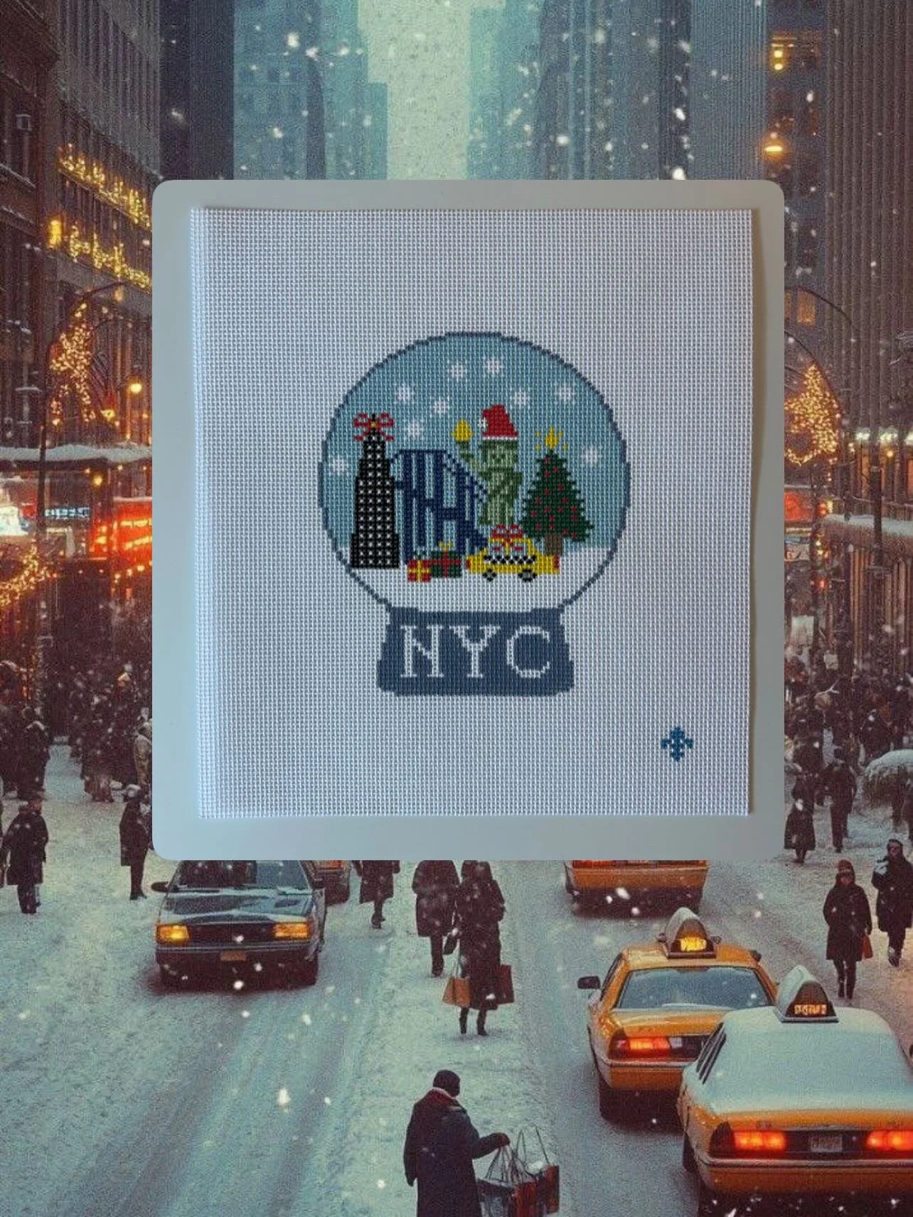 New Canvas 💥‼️ The perfect snow day stitch? We are dreaming of winter wonderlands instead of freezing temps with this canvas ❄️🏙️ on the way to @ritasneedlepoint 🚕