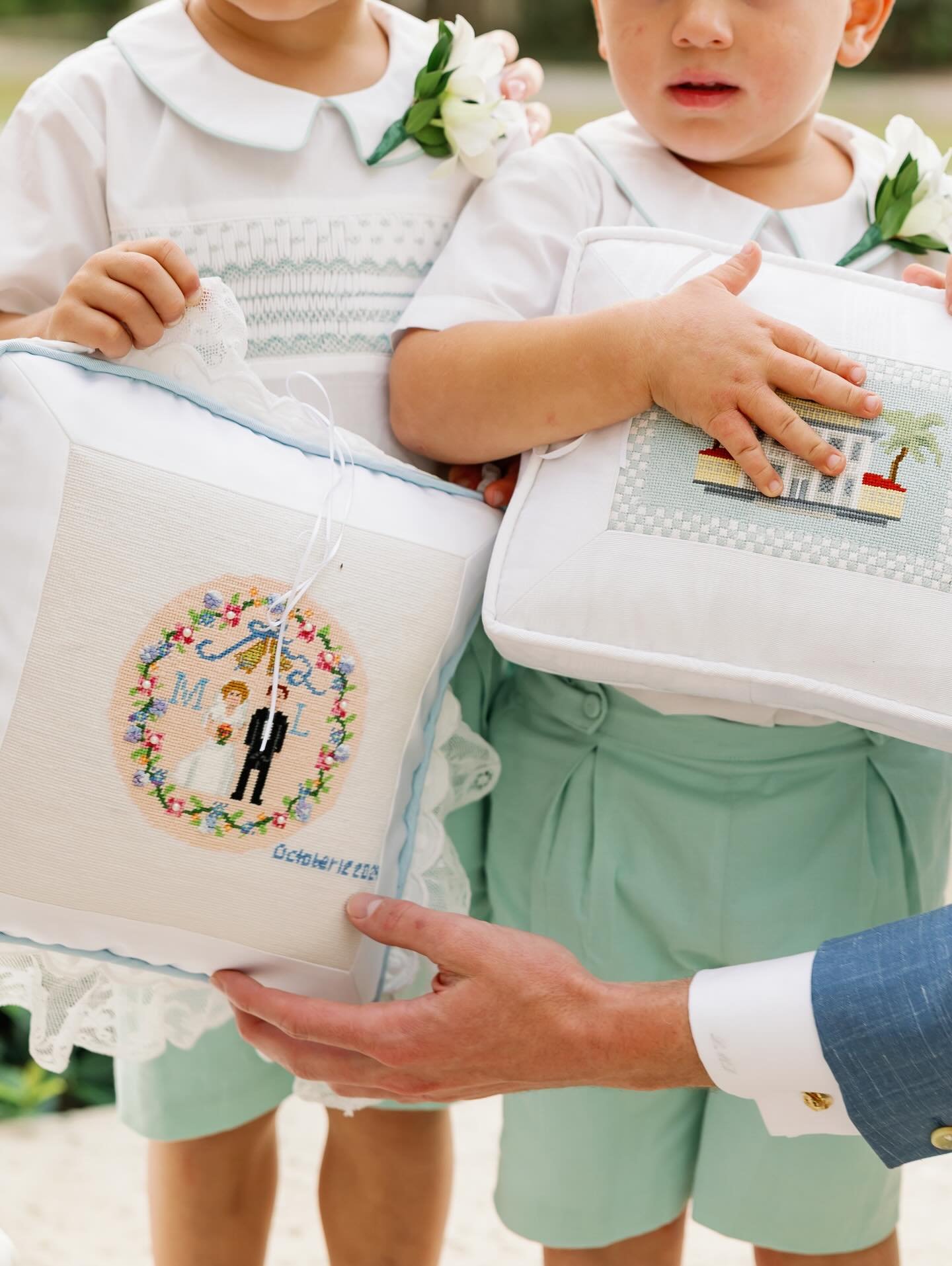 the little needlepoint details of our wedding day ✨ 💙 Ring Bearer Pillows stitched by my mom, MIL &amp; Grancy 💙Circus Days Belt handed down to LD 💙Antique footstool stitched by me as a wedding gift to LD 💙The Inn Standup to remember 12.13 every 