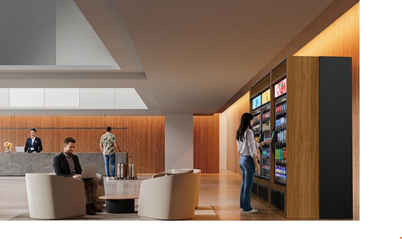 "Modern smart vending machine installation in a Jacksonville hotel lobby featuring cashless payment and touch-screen interface for guests.