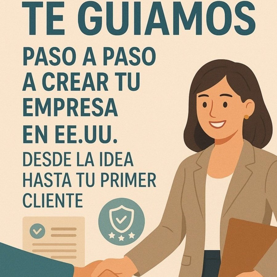Illustration of a woman in a blazer with dark hair smiling and shaking hands, alongside text in Spanish about guide to starting a business in the U.S.