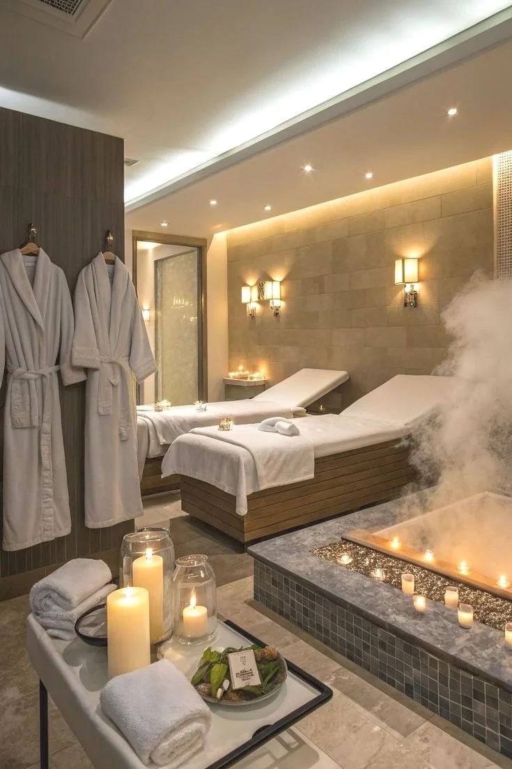 Spa room with two massage beds, robes hanging, candles, and a bubbling hot tub with steam.
