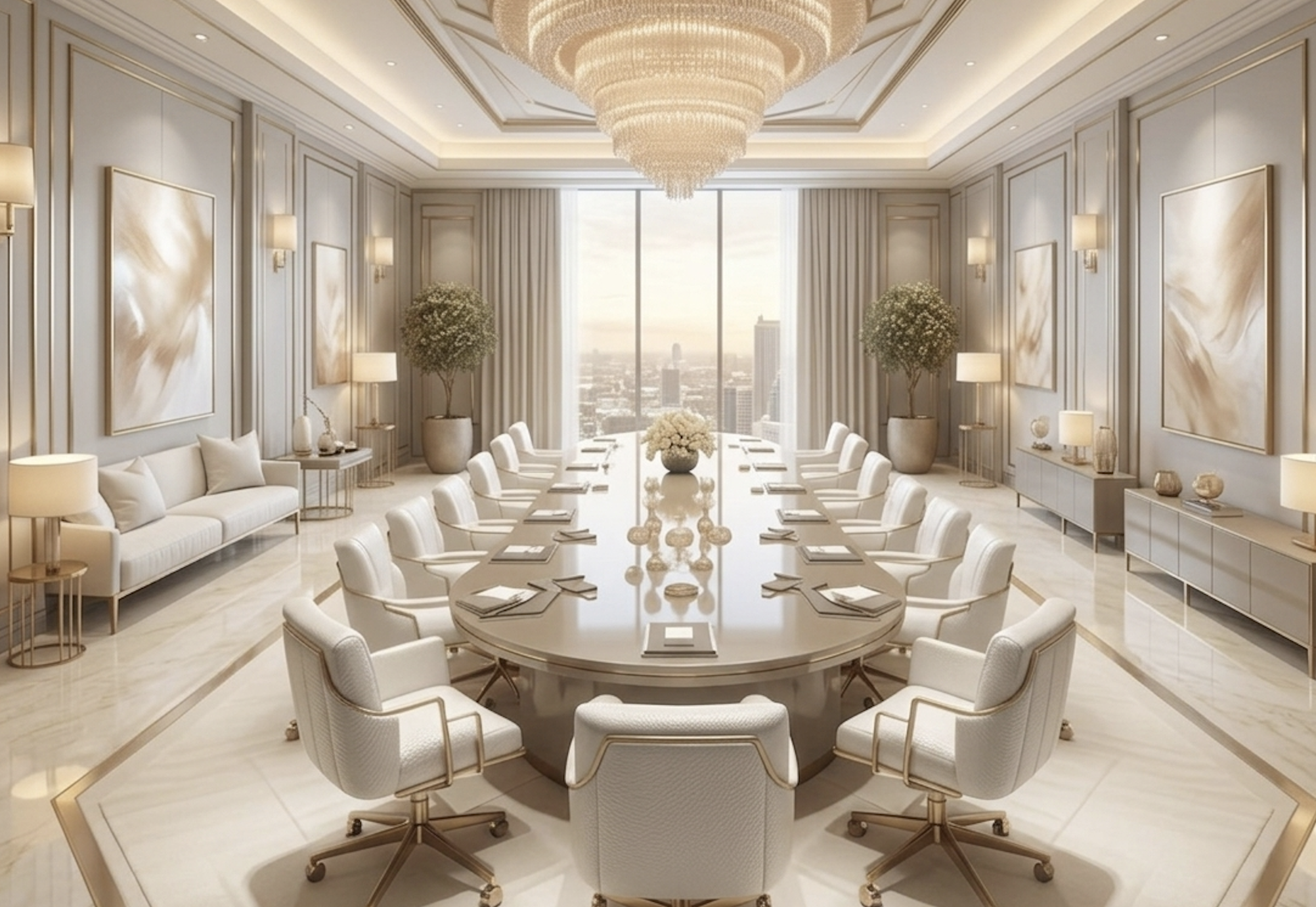Elegant conference room with a large oval table surrounded by white chairs, luxurious chandelier, and modern artwork on the walls.