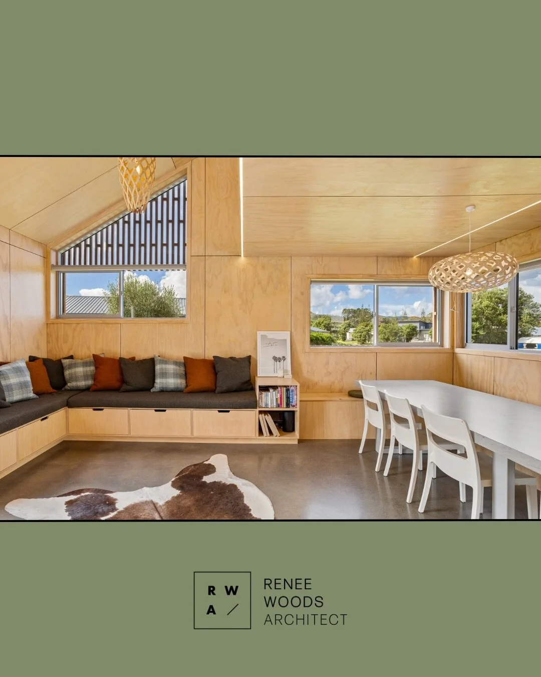 Lighting, but make it intentional

At our Titoki Beach House, instead of littering the plywood ceiling feature with downlights, we worked with the plywood grid, using the negative detail to insert a continuous strip light.

David Trubridge pendants p