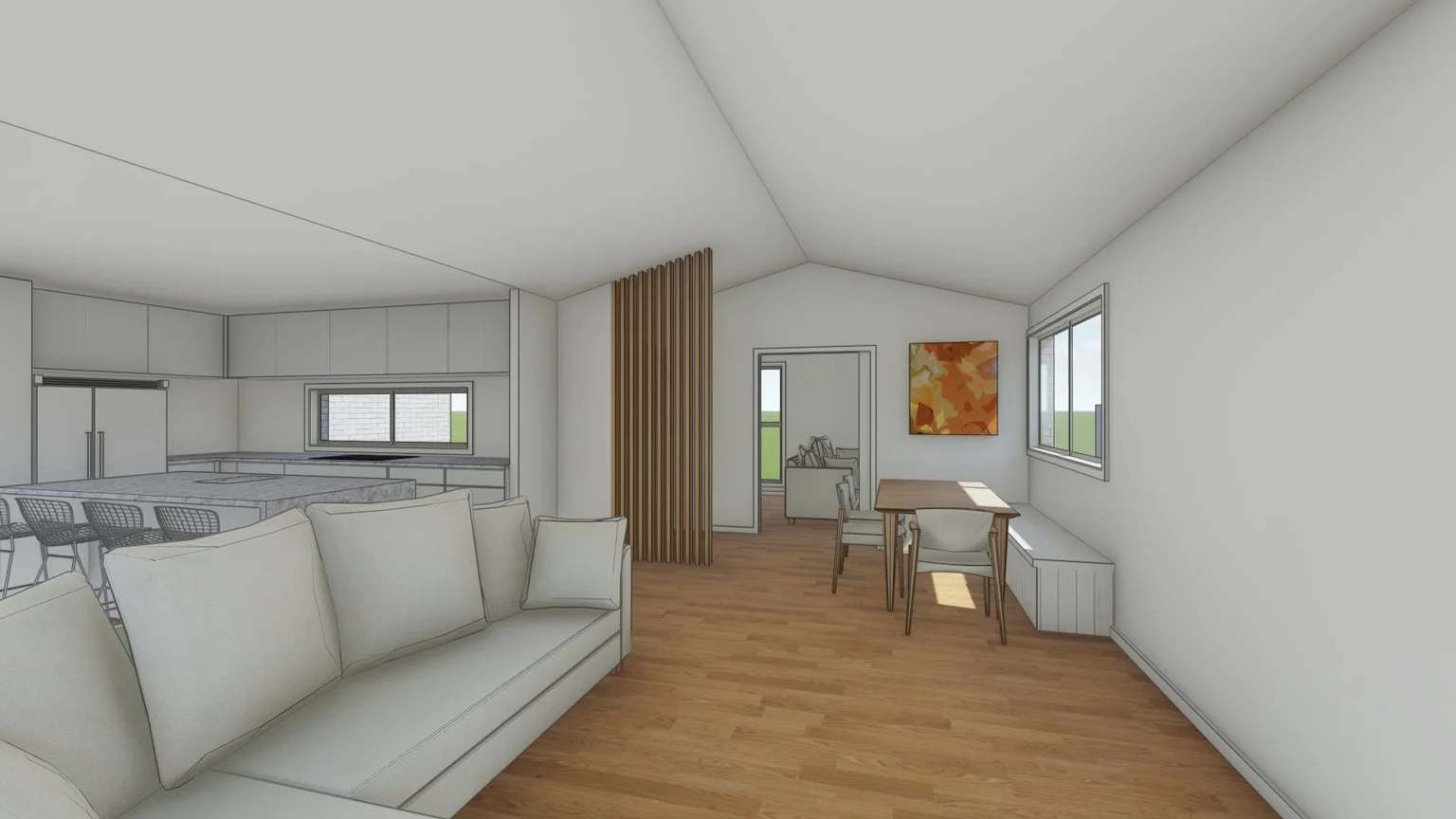 Interior sketch of a modern living space with a white sofa, wooden dining table with chairs, a small sitting area, and large windows showing a green landscape outside.