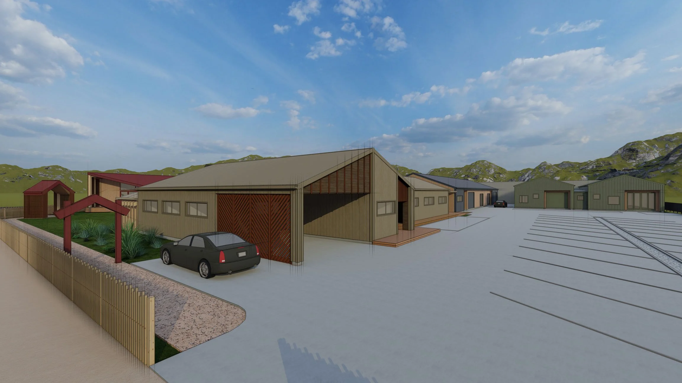 Render of a modern rural farm complex with multiple green and brown buildings, a parking lot, open landscape, mountains in the background, and a partly cloudy sky.