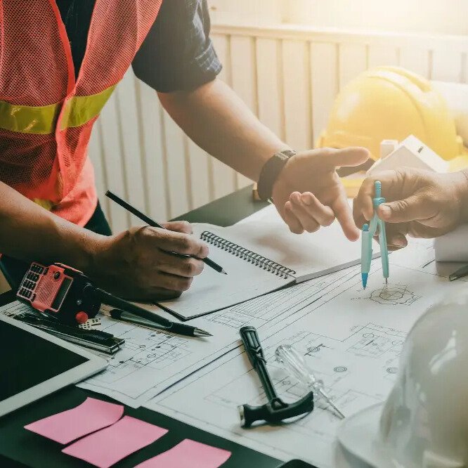 Project engineer and consultant reviewing construction plans and documents during a project meeting.
