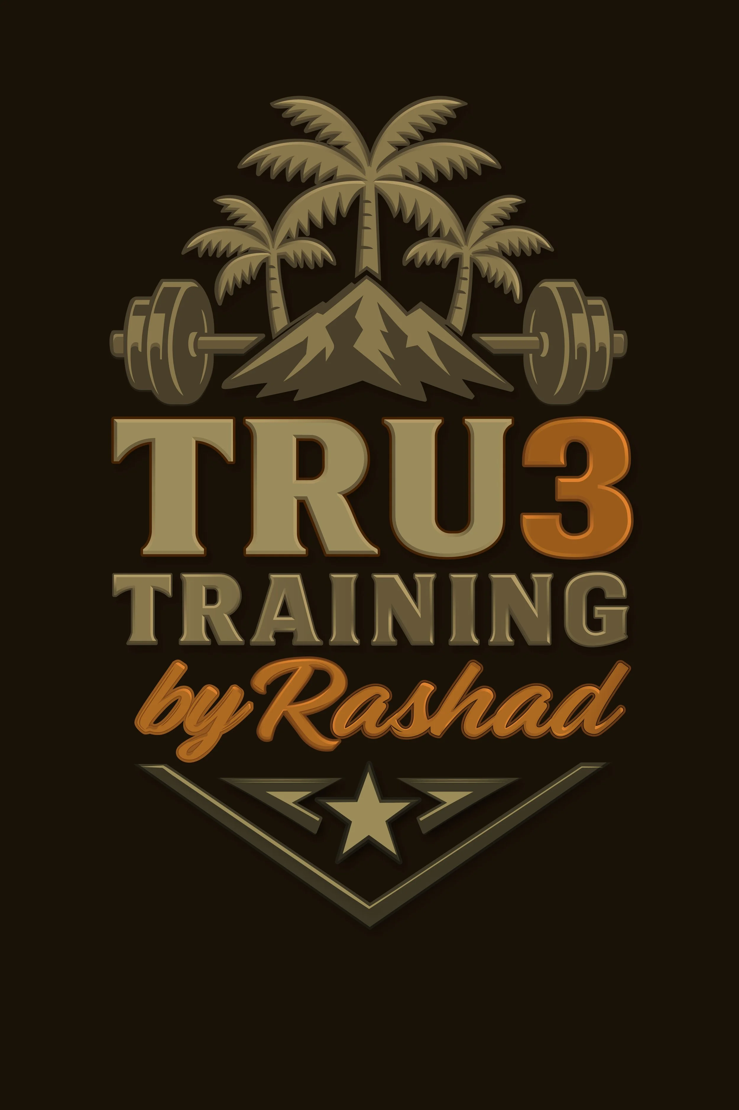 Dark logo for TRU3 Training by Rashad featuring palm trees, mountain, and barbell with star design in shades of brown and orange.