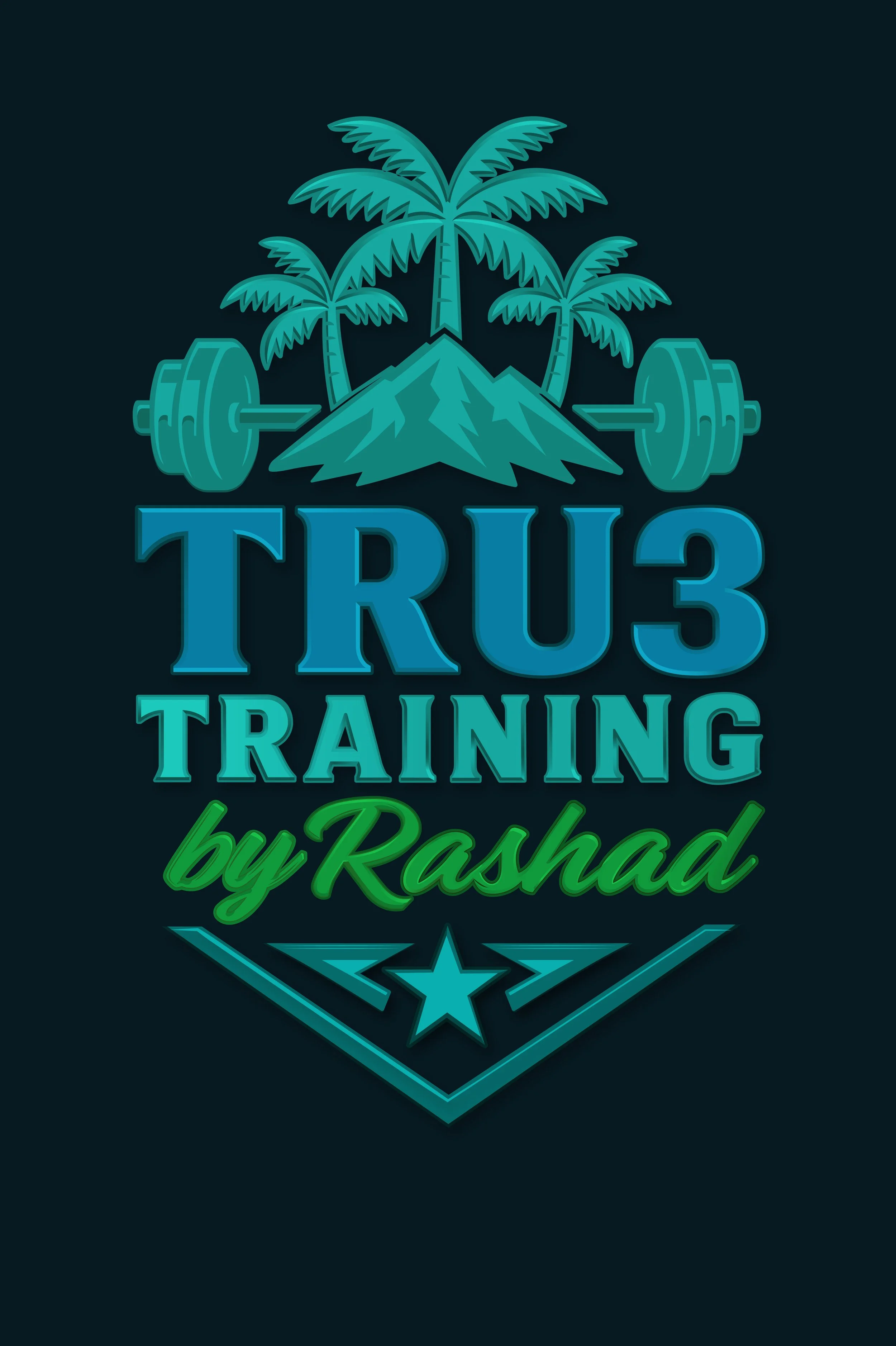 Logo for TRU3 Training by Rashed, featuring palm trees, mountains, a star, and a barbell, in shades of blue and green on a dark background.