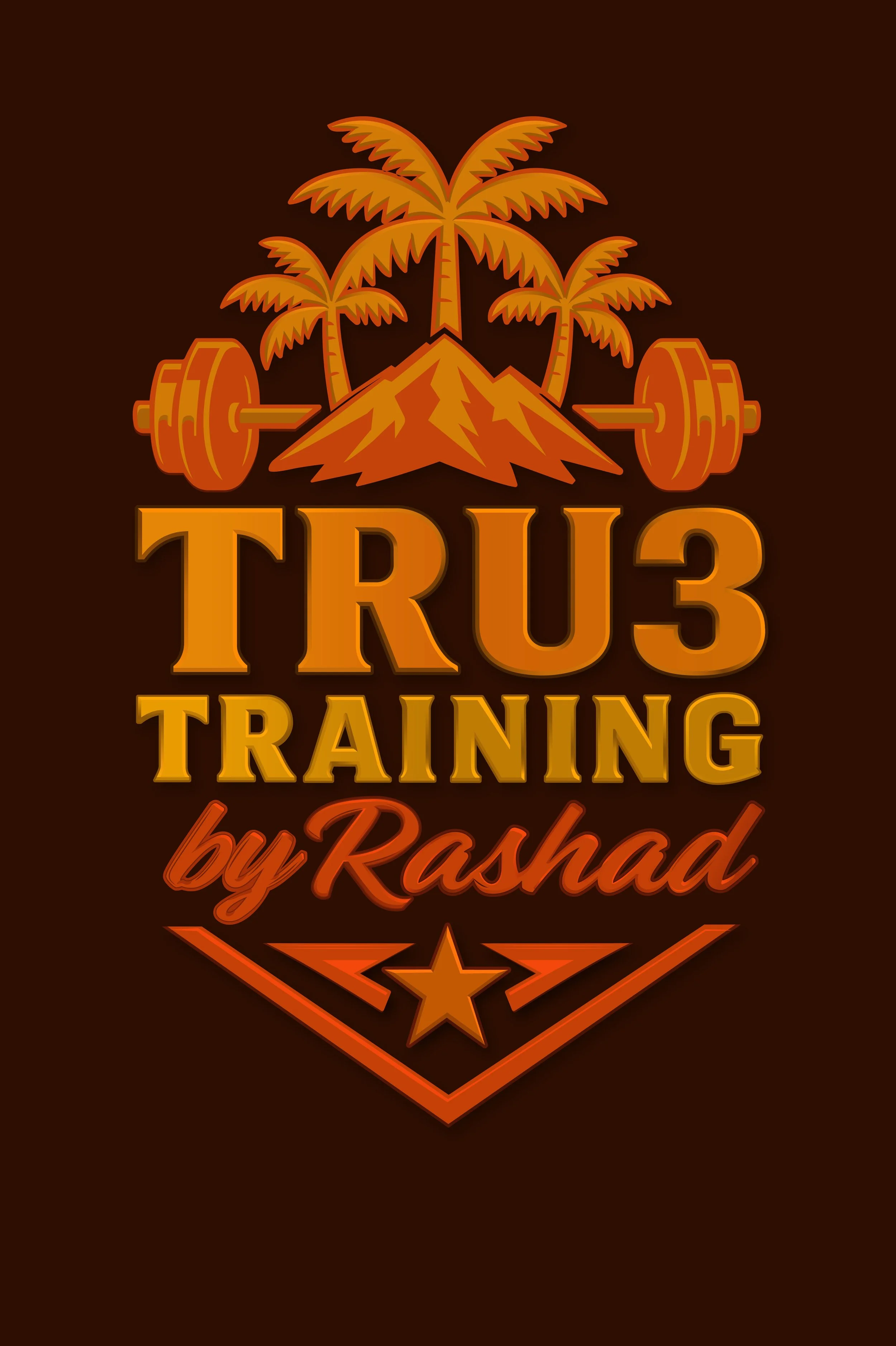 Logo for Truz Training by Rashed featuring palm trees, mountain, and barbell illustration in orange and brown tones.