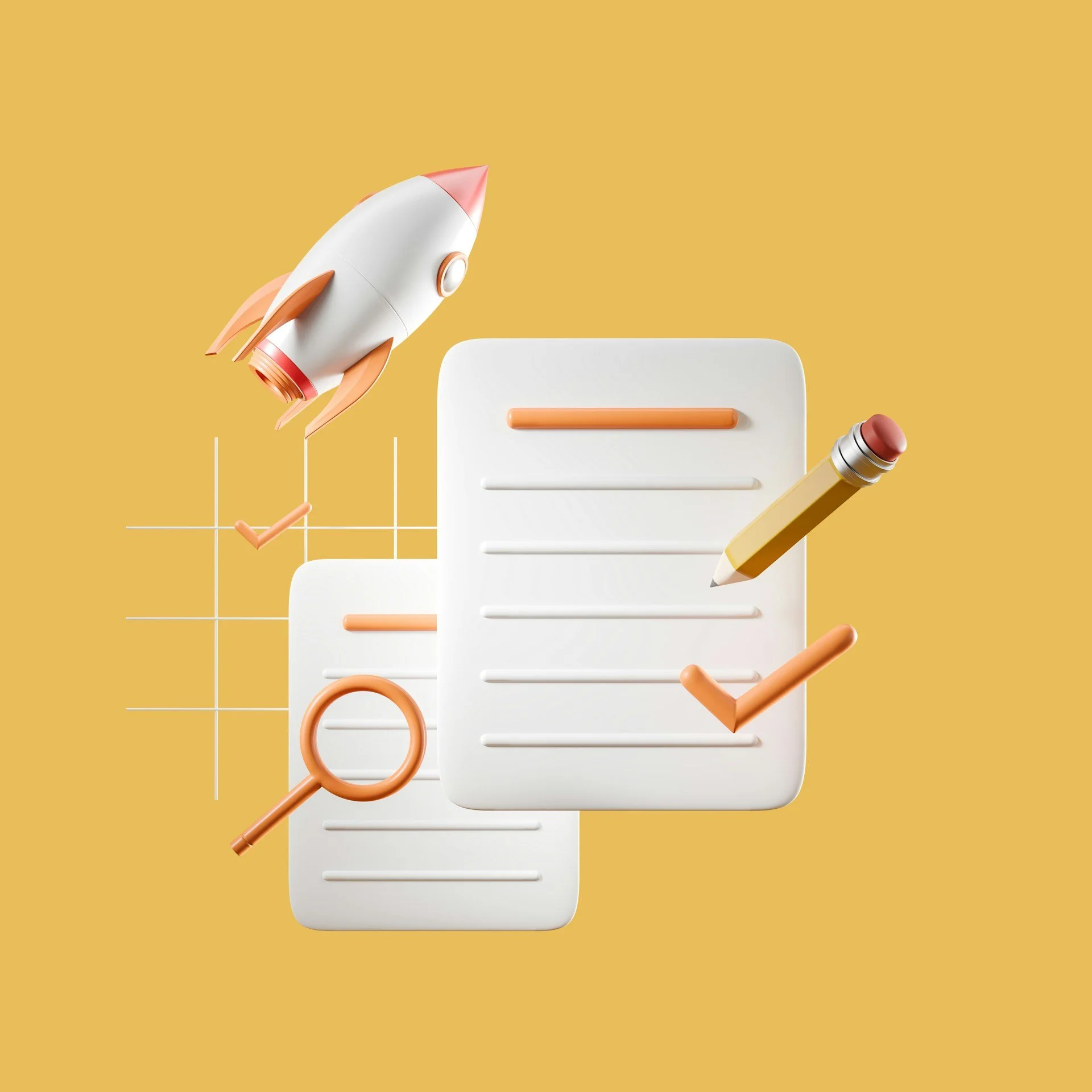 3D checklist pages with a pencil, magnifying glass, check marks, and a small rocket on a mustard background—representing pooled exam creation, quality checks, and launch readiness.