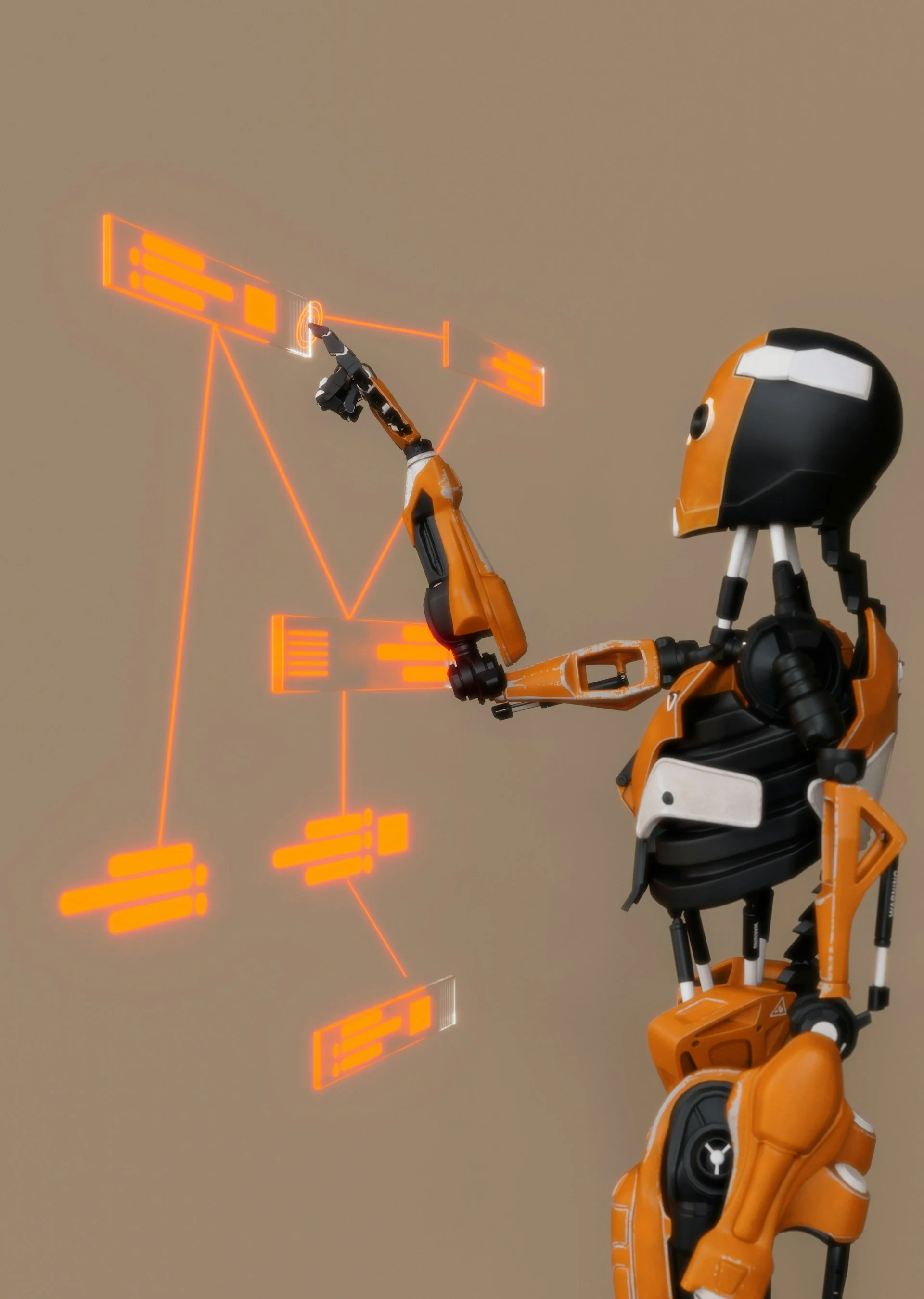 Orange humanoid robot interacting with a glowing holographic flowchart—representing frameworks for teaching with AI.