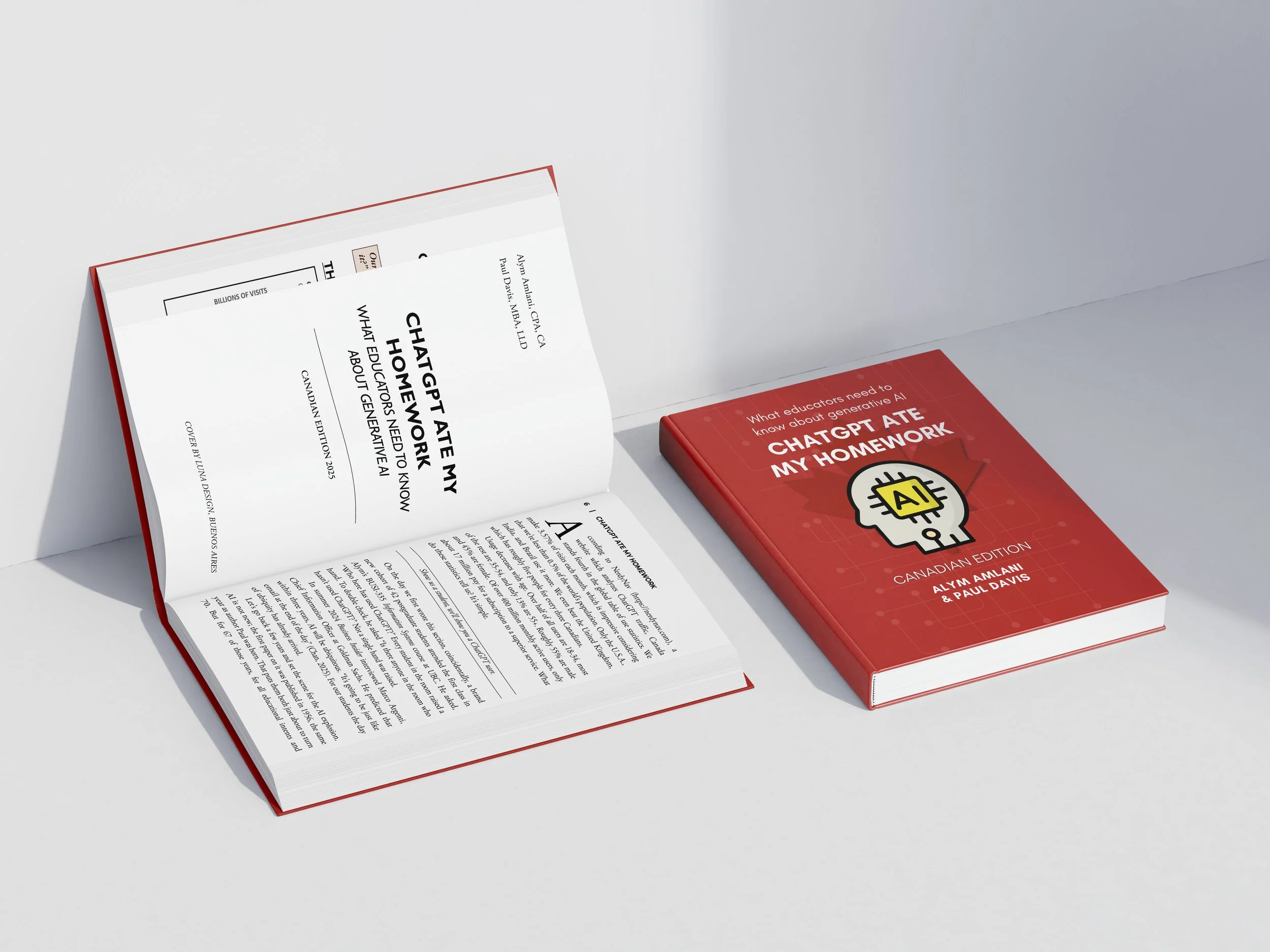 Open and closed copies of “ChatGPT Ate My Homework”—Canadian Edition by Alym Amlani and Paul Davis.