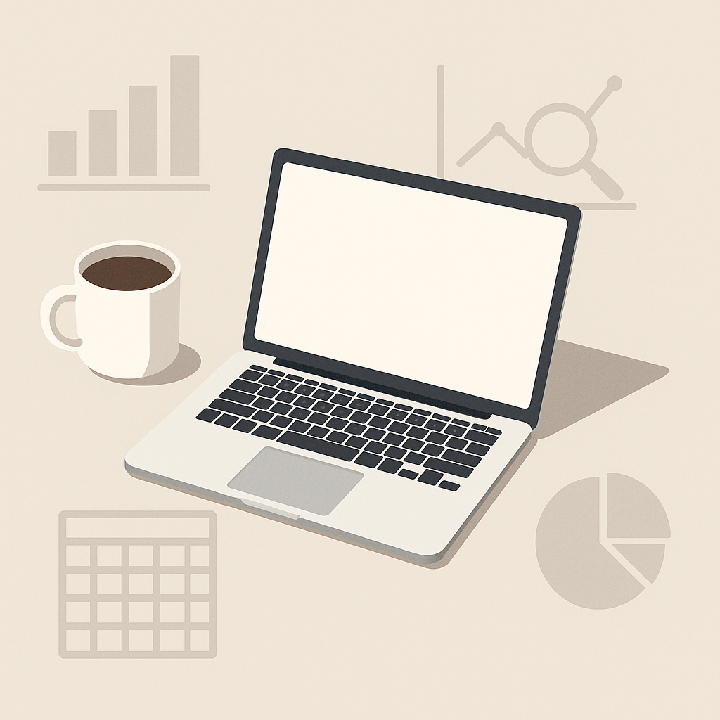 Laptop computer on desk with a cup of coffee and financial charts in the background.