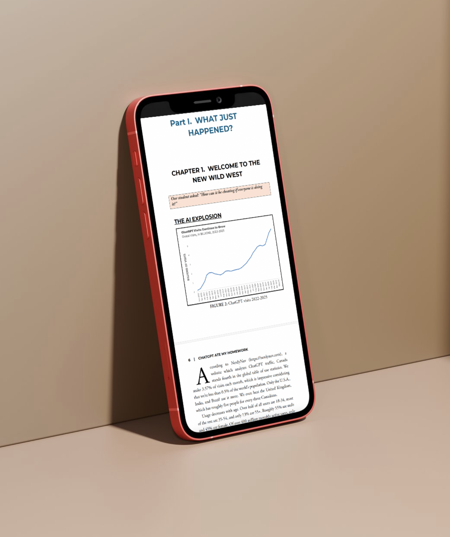 Red smartphone displaying Chapter 1 (“Welcome to the New Wild West”) of ChatGPT Ate My Homework with an “AI Explosion” chart—free sample for subscribers.