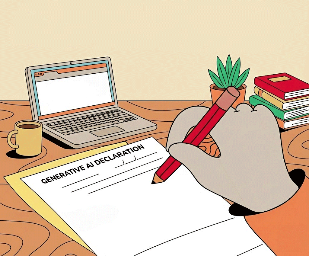 Illustration of a person writing on a "Generative AI Declaration" form at a desk with an open laptop, coffee mug, plant, and stack of books.