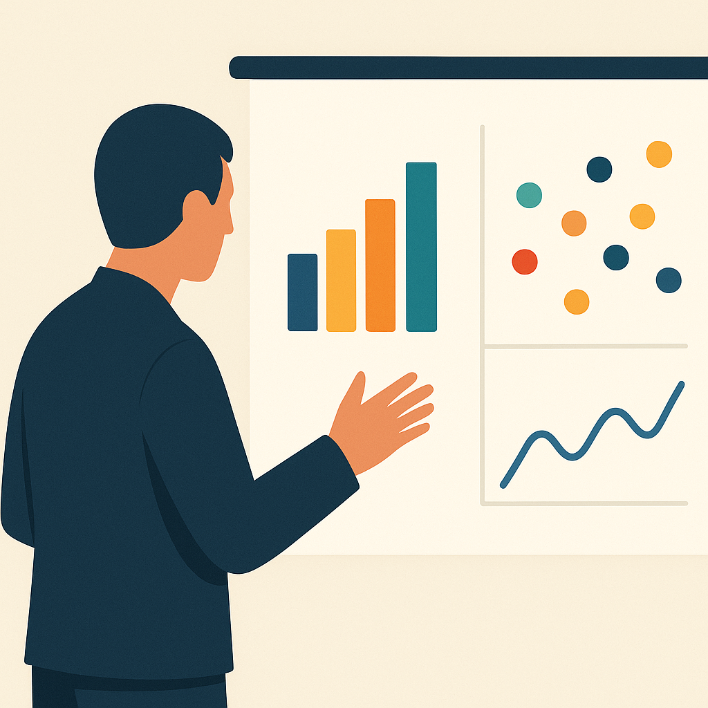 A man in a dark suit presenting various charts and graphs on a whiteboard, including bar, scatter, and line charts.